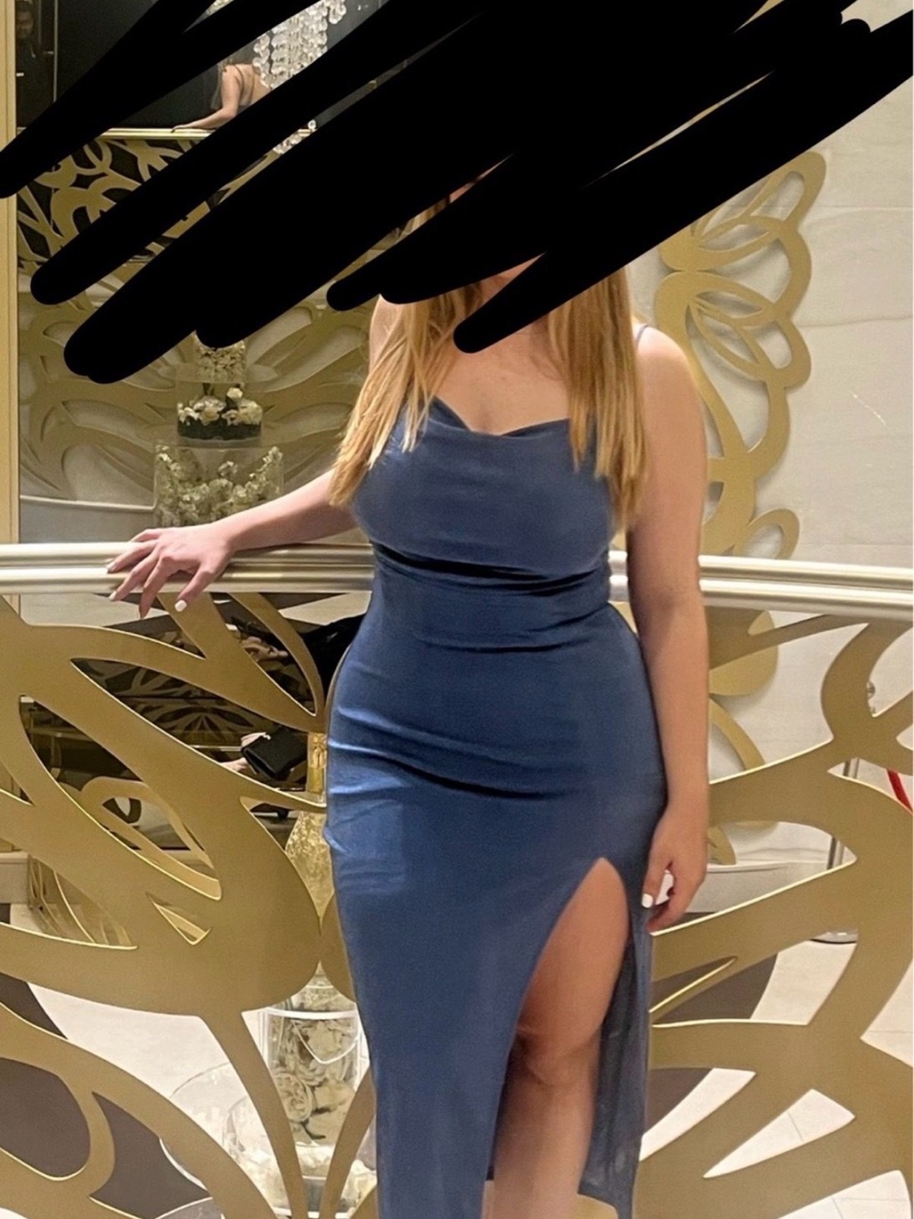 Elegant Blue Satin Sleeveless Slit Dress